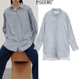 Grey Oversized Long Shirt Women Spring Fashion Print Sleeve Large Size Blouses Female Casual Button Up 210519