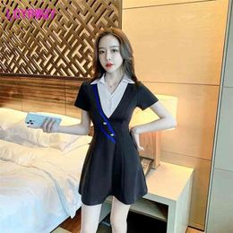sexy women show thin temperament V-neck dress Office Lady Zippers Knee-Length Polyester Sheath 210416