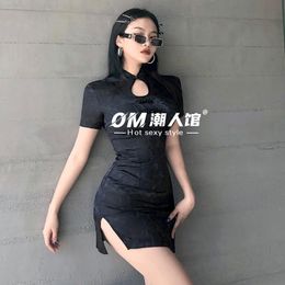Casual Dresses OM Trendsetter Hall Retro Style Satin Pattern Hollow-out Buckle Improved Cheongsam Sexy Slim Fit Slimming Dress Summer