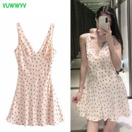 VUWWYV Summer Dress Red Satin Strawberry Print es Women Strappy Backless Mini Woman Casual Cute Vestidos 210430