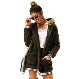 Faux Fur Long Women Thick Coats Streetwear Autumn Winter Clothes Hooded Pockets Female Plush Fluffy Outwear Top Casual Outwear 210507