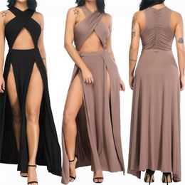Black Solid Sleeveless Dresses Women Summer Party Bodycon Hollow Out Sexy V Neck Split Maxi Open Waist Long Vestidos 210517