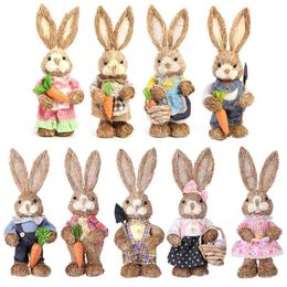 12 inch Artificial Straw Rabbit Ornament Standing Bunny Statue with Carrot for Easter Theme Party Home Garden Decor Supplies 210910