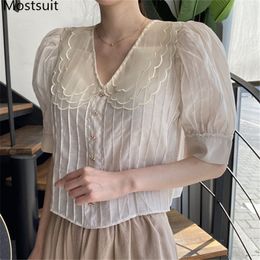 Yaz Organze Kore Moda Kısa Bluzlar Gömlek Kadın Puf Kollu V Yaka Tek göğüslü Blusas Femme Siyah Kayısı Tops 210518