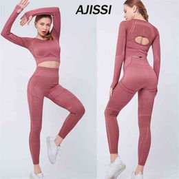 2pcs seamless set of female yoga clothing fitness workout pant long sleeve crop top shirts running gym leggings sports suits 210802