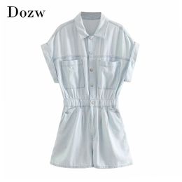 Fashion Light Blue Color Denim Jumpsuit Women Summer Batwing Short Sleeve Loose Playsuit Female Pockets Casual Jumpsuits 210414