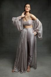 2 Pieces Graceful Gray Jumpsuit Evening Dresses Beads Long Sleeves Prom Gown Custom Made Formal Party Floor Length Vestido de novia