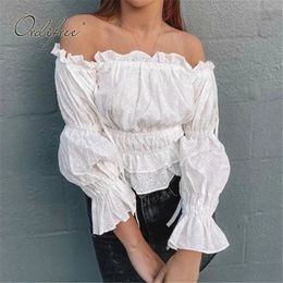 Summer Women Off Shoulder Blouse Shirt Long Sleeve Cotton Embroidery Sexy Streetwear White Lace Tops 210415