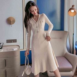 new-style red chic foreign flavor knitted dress autumn winter fashion with medium-length sweater skirt v-neck 210412