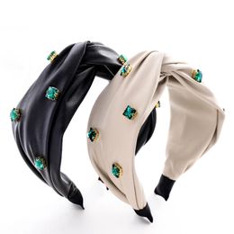 Leather Cross Knot Hairband Green Big Stone Headband Hair Accessories