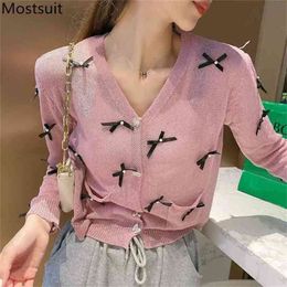 Thin Knitted Sunscreen Cardigan Women Full Sleeve V-neck Bow Tops Sweater Fashion Korean Ladies Jumpers 210513