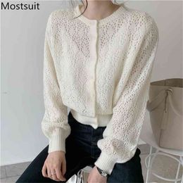 Autumn Korean Knitted Women Cardigans Sweaters Long Sleeve Single-breasted Hollow Out Tops Ladies Fashion Elegant 210513