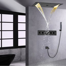 Matte Black Rainfall Shower Faucets 70x38 Cm LED Thermostatic Bathroom Showers Combo Set With Hand-Held Spray Head