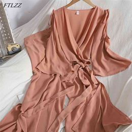 Spring Summer Women Casual Two Piece Set Off The Shoulder V-neck Bandage Blouse Long Loose Wide Leg Pants Outfits 210430