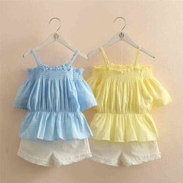 Fashion 3 4 6 8 10 11 12 Years Cotton Lace Off Shoulder Strap T-shirt+Shorts 2 Pcs Baby Kids Girls Summer New Clothing Sets 210414