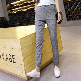 Plaid Harem Pants Trousers Spring Summer Loose Casual Drawstring Elastic Waist Cotton Linen drop 210514