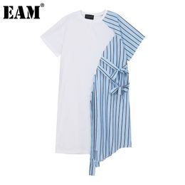 [EAM] Women Irregular Spliced Striped Bandage Dress Round Neck Short Sleeve Loose Fit Fashion Spring Summer 1DD8557 21512