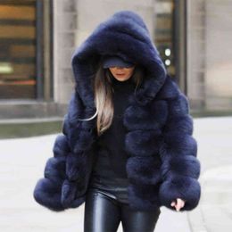 Winter Thick Warm Faux Fur Coat Women Hooded Long Sleeve Artificial Fur Jacket Luxury Outwear 211213