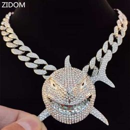 Big Size Shark Pendant Necklace Men 6IX9INE Hip Hop Bling Jewellery With Iced Out Crystal Miami Cuban Chain fashion Jewellery