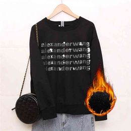 Winter Loose fleece thickening Keep warm sweatshirt women letter diamonds long sleeve tops black pullovers female 210805