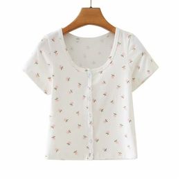 BLSQR Fashion Sexy Women Short Sleeve Crop Top Button Casual White T Shirt Tops Blouse Print 210430