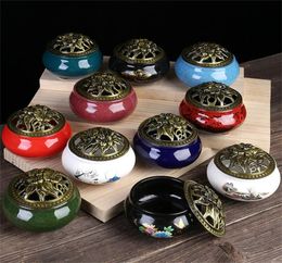 Wholesale Ceramic Incense Burner with Stick Holder Cone Coil Incenses Brass lid for Home Decor Yoga Spa Meditation