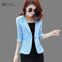 Summer Stripe Suit Jacket Women Blazer Feminino Fashion Notched Pockets Single Button Slim OL Ladies Blazer Plus Size 2020 B095 X0721