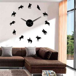 Frameless Equestrian 3D DIY Wall Clock Modern Sports Horse Race Acrylic Mirror Surface Clock Watch Horse Riding Creative Show 210401