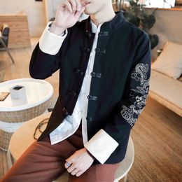 Ethnic Clothing Black Traditional Chinese Collar Shirts For Mens Red Oriental Style Jackets With Dragon Embroidery Ethno Zhongshan Fu Buckle