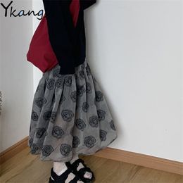 Black Goth Rose Print Tulle Midi Skirt Women Vintage Spring Long Pleated Harajuku Korean Style Gothic Clothes Streetwear 210421