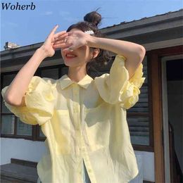 Vintage Short Puff Sleeve Blouse Women Korean Elegant Solid Loose Tops Shirt Summer Thin All Match Blusas Camisas 210519