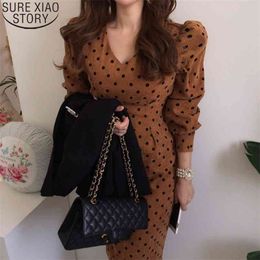 Fashion Corduroy Dresses French Style Spring Autumn Women Polka Dot Print Casual Eleagnt Lace-up Slim Party 12091 210506