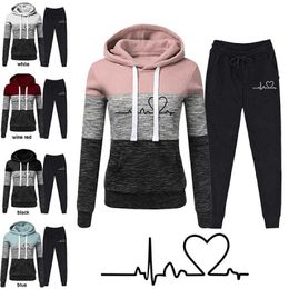 Winter Tracksuit Women 2 Piece Set Print Hoodies+Pants Sportwear Women's Sports Suit Hooded Sweatshirt Jogging Pants 210930