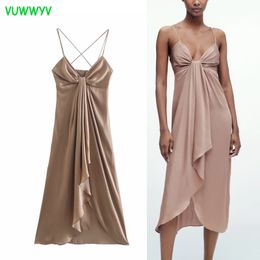 Elegant Camisole Party Midi Dress Women Summer Satin Backless Thin Straps Woman Front Knot Vestidos Asymmetric Hem 210430