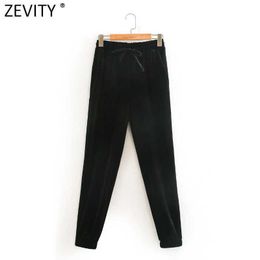 Zevity Women Vintage Solid Color Velvet Harem Pants Chic Elastic Waist Lace Up Trousers femme pantalones mujer pants P972 210603