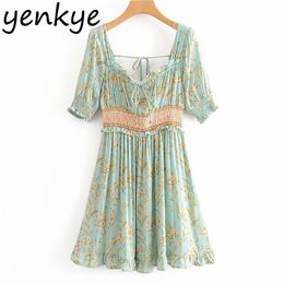 Floral Print Boho Beach Dress Women Sexy Backless Summer Lady Short Sleeve Square Neck Elastic Waist Ruffle A-line 210514