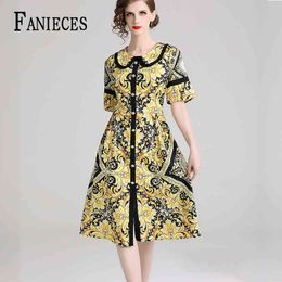 Arrival Spring Summer Fall Runway dresses Vintage yellow Print short Sleeve Women Party Casual A-Line Midi long shirt Dress 210520