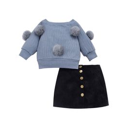 3-7Y Autumn Toddler Baby Kids Girls Clothes Sets Long Sleeve Hairball Knit Tops Sweater+Button Mini Skirt Warm Outfits Set 210528