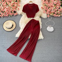 Women's Two Piece Pants Autumn Women Pleated Set Casual Pink/Brown/Red Draped O-Neck Short Tops + Wide Leg Female Elegant Suit 2021