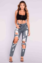 Sexy Hole Distressed Denim Pants High Waist Slim Trousers Torn Pencil Women's Ripped Jeans Punk 90s Style Summer 210517