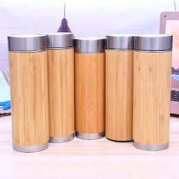 Bamboo Stainless Steel Water Bottle Insulated Coffee Travel Vacuum Cup With Tea Infuser Strainer Wooden Bottle MMA195