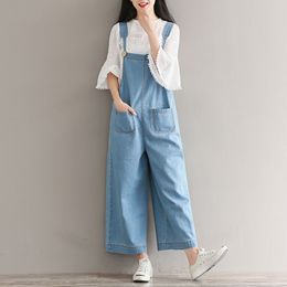 LLZACOOSH Herbst Lose Denim Overall Vintage Hosenträger Jeans Knöchel-Länge Breite Bein Hose Frauen Overall Overalls Große Größe 210514