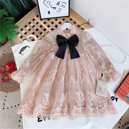 Autumn/winter Full sleeve Embroidery Flower Lace Girl Casual Dress 3-8T Kids Elegant Princess Dresses Big Bow Cloth For Chidren G1026