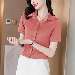 Korean Women's Shirt Silk Blouses for Women Short Sleeve Female Top Polo Collar Blouse Woman Basic 210604