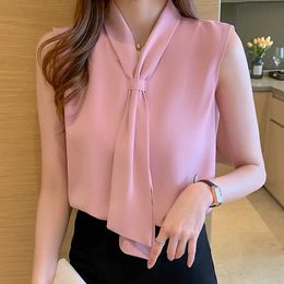 Women's Shirt Pink Ribbon Blouses for Women Sleeveless Summer s Female Top V-neck Blouse Tops Woman Basic 210604