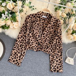 Autumn Leopard Blouse Women Winter Long Sleeves Button Office Lady Notched Shirt Chic Fashion Vintage Print Tops 210419