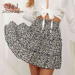 Jocoo Jolee Women Summer Floral Print Pleated Mini Skirt Elegant High waist Short Beach Holidays Casual Skirt Boho Cotton 2XL 210412