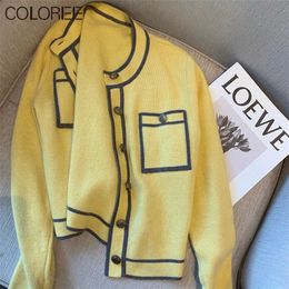 Runway Designers Tops for Women Korean Fashion Autumn Winter Clothes O-neck Long Sleeve Pockets Knitted Cardigan Mujer 211007