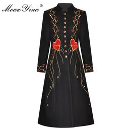 Fashion Designer Woolen coat Winter Women Long sleeve Stand collar Single-breasted Embroidery black Vintage Overcoat 210524