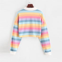 Polo Shirt Women Sweatshirt Long Sleeve Rainbow Colour Ladies Hoodies With Button Striped Korean Style 210805